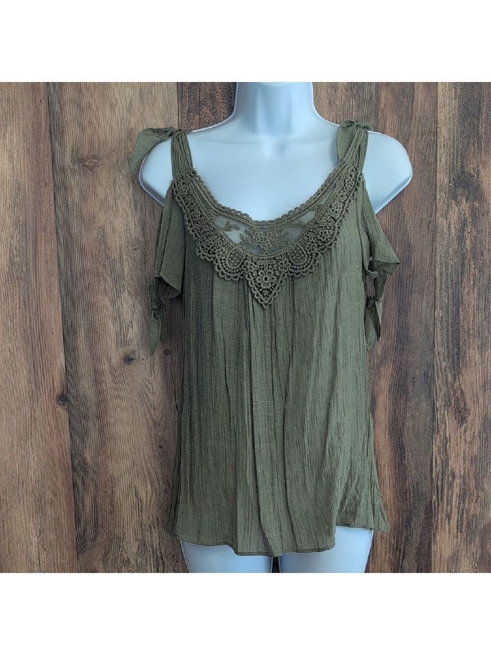 Candie's Army Green Khaki Lace Trim Cold Shoulder Blouse M -126JH